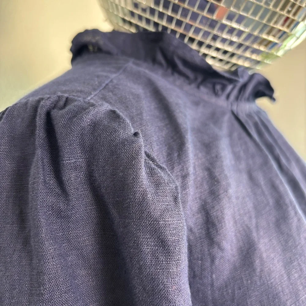 J.Crew 100% Linen Smocked Puff Sleeve Ruffle Top, Medium Navy Blue Preppy office